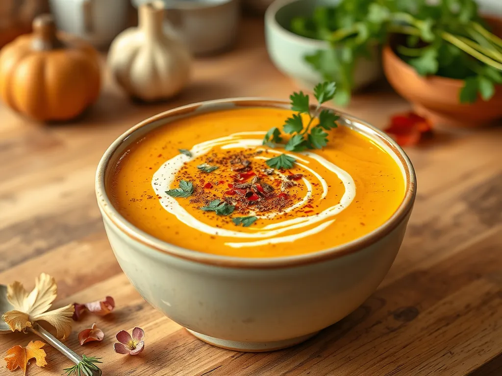 Delicious 2-Minute Microwave Coconut Curry Soup in a bowl, garnished with herbs and spices