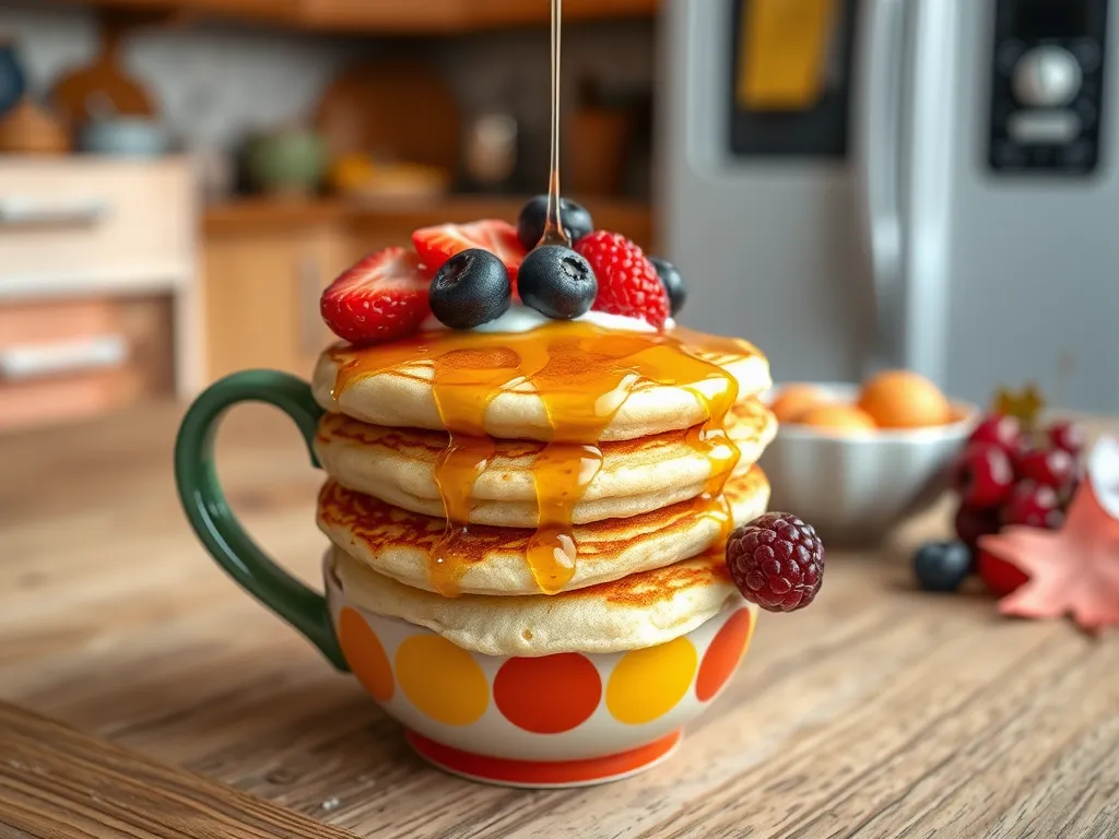 Delicious 2-minute microwave coconut flour pancakes topped with syrup and fresh berries.