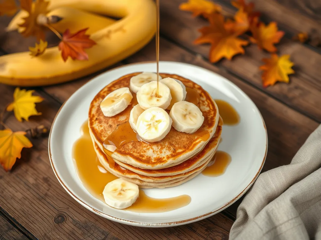 Fluffy microwave coconut flour pancakes topped with banana slices and syrup.