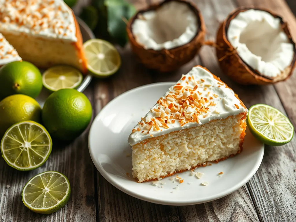 Delicious slice of microwave coconut lime cake topped with whipped cream and toasted coconut, surrounded by fresh limes and coconut halves.