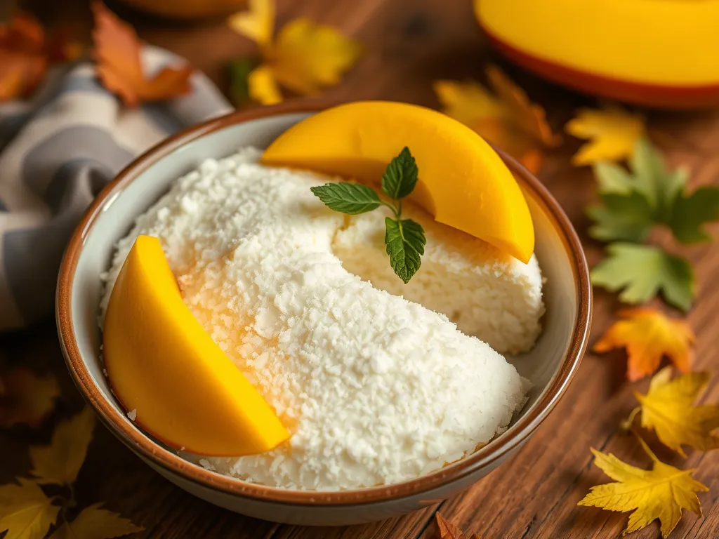 Close-up of a coconut mango dessert with fresh mango slices