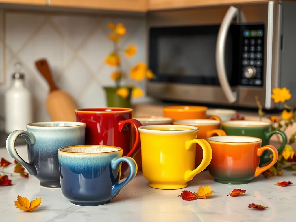 Colorful mugs in a kitchen setting with a microwave, ideal for making coconut vanilla cake.