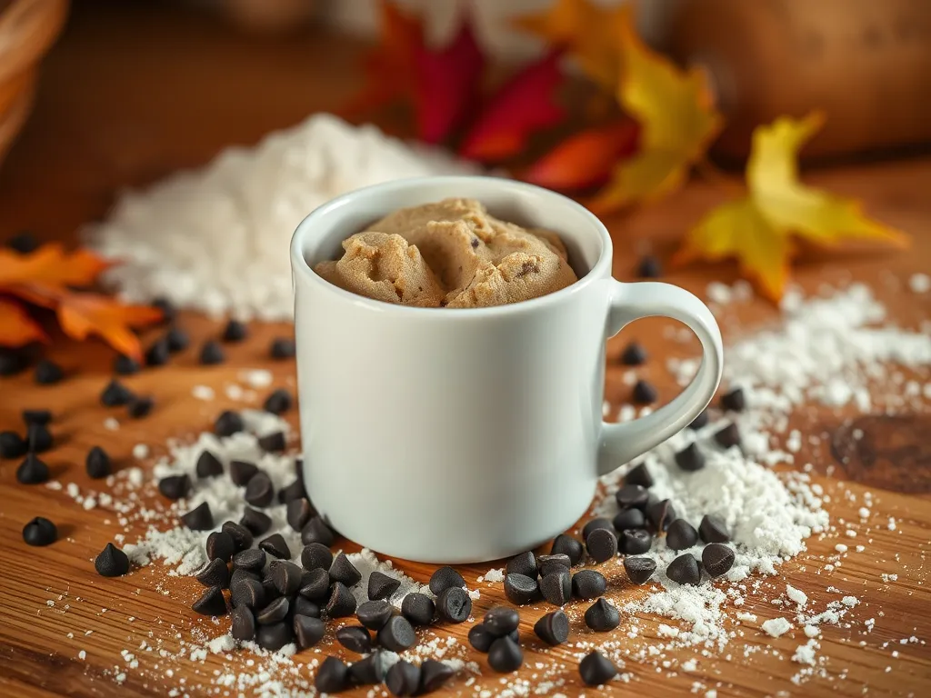 Delicious microwave cookie dough in a mug surrounded by chocolate chips and baking ingredients