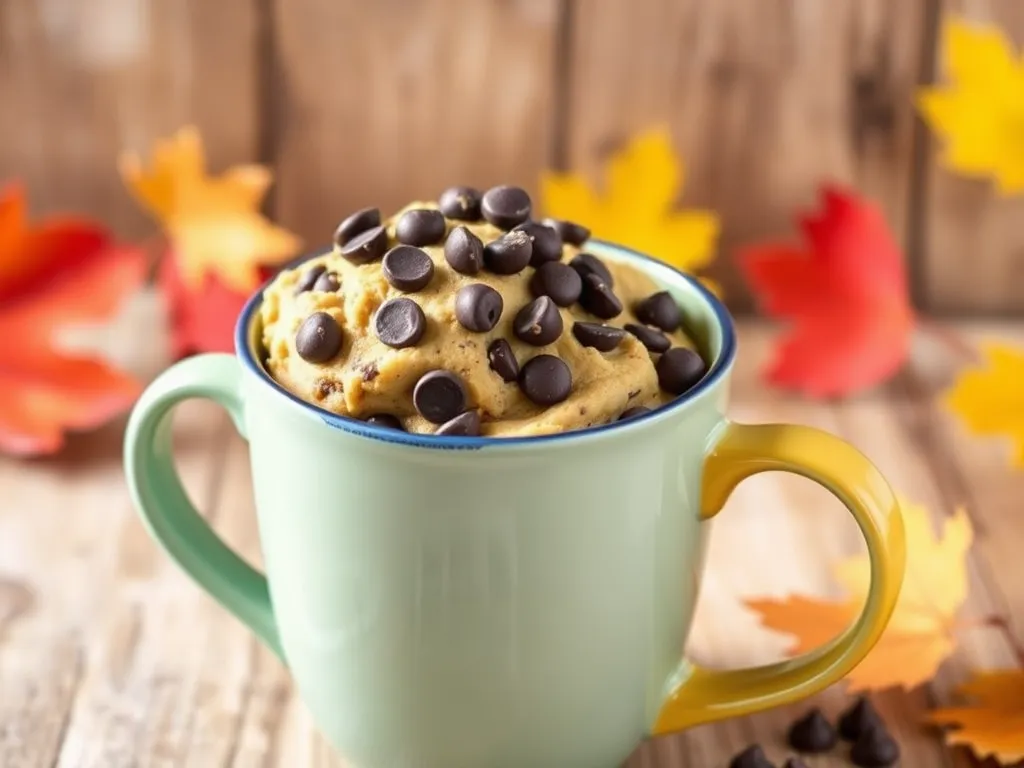 Delicious microwave cookie dough mug filled with chocolate chips, perfect for a quick treat.