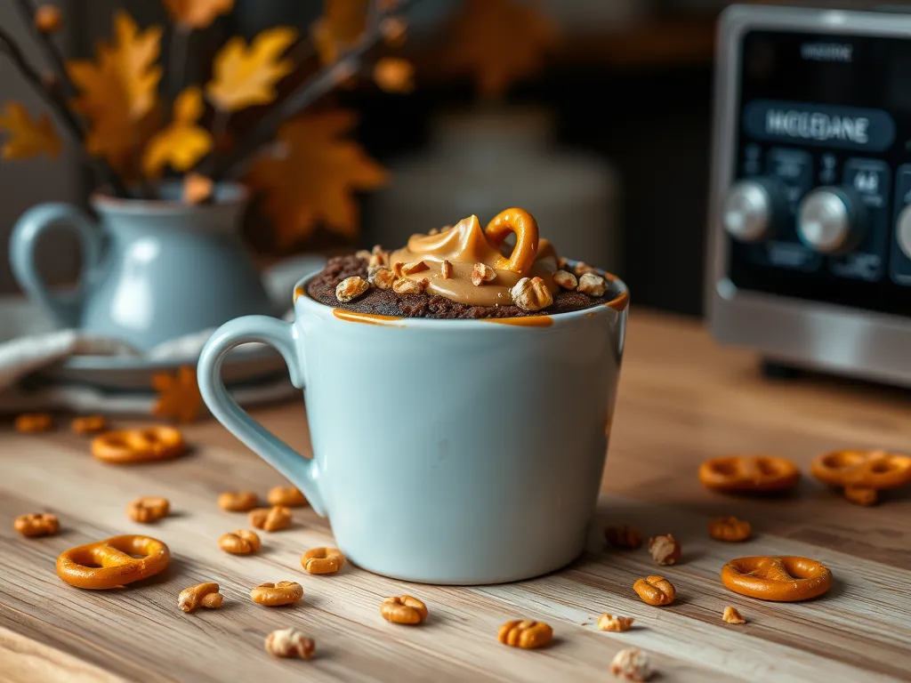 Delicious microwave cookies and cream mug topped with pretzels and caramel