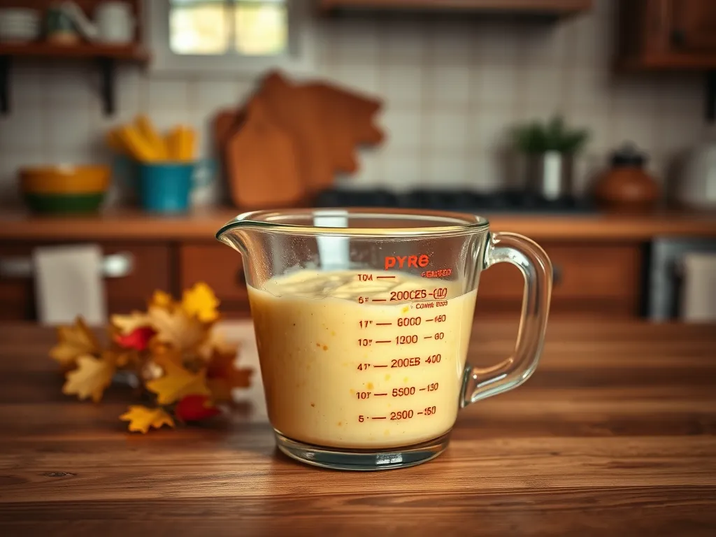 Measuring cup with cornbread mix ready to microwave in 90 seconds