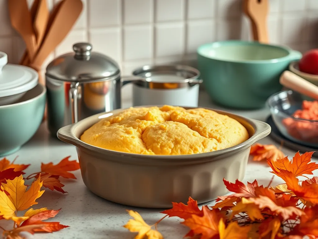 Freshly baked microwave cornbread in a dish surrounded by autumn leaves