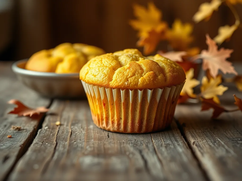 Homemade microwave cornbread muffin on a wooden table with autumn leaves.