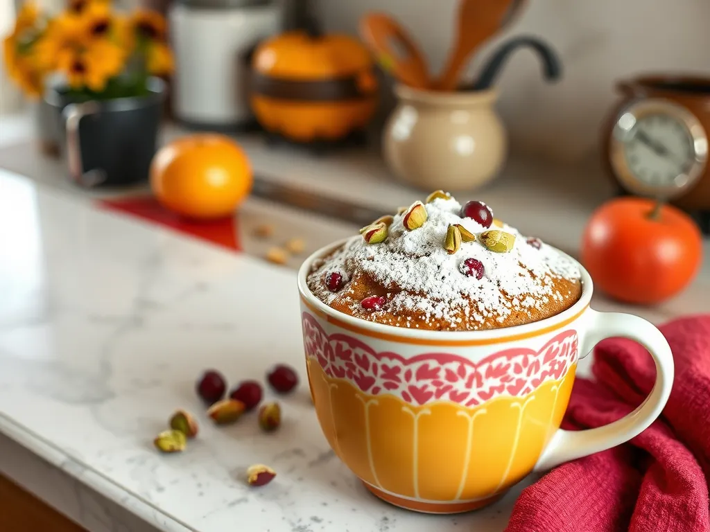 Delicious microwave cranberry orange mug topped with powdered sugar and pistachios