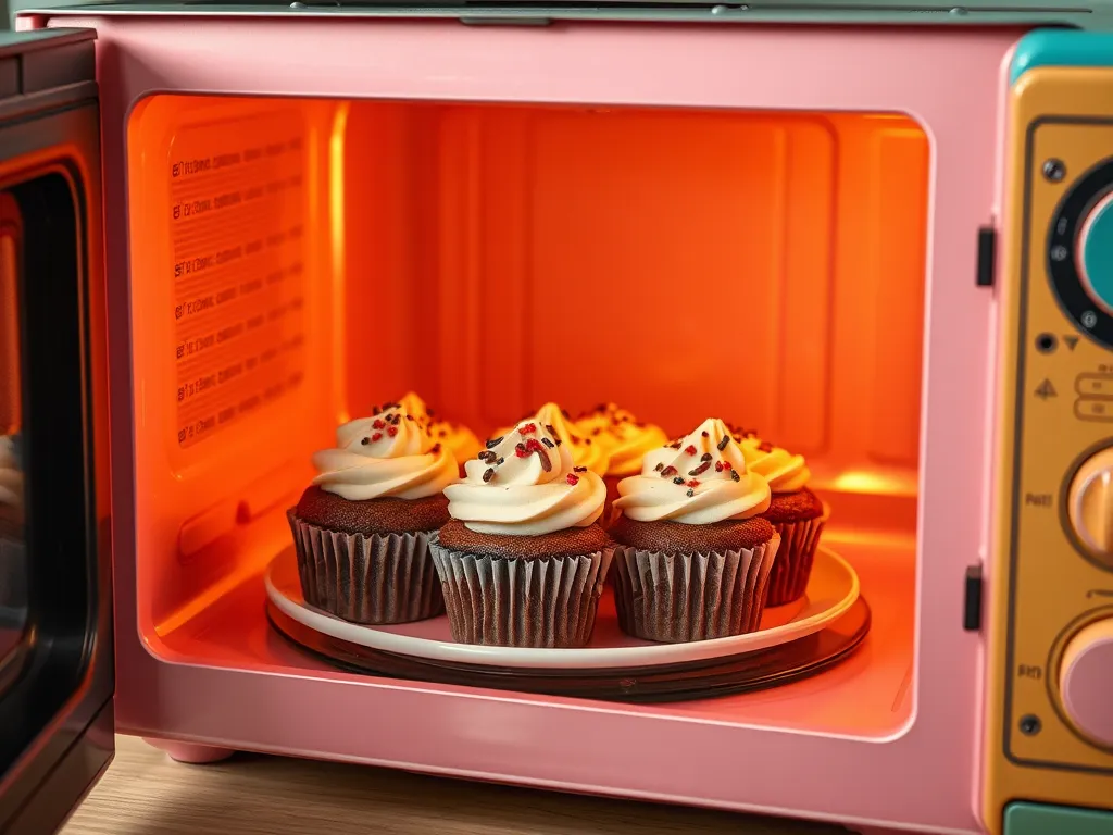 Freshly baked cupcakes in a microwave with frosting and sprinkles