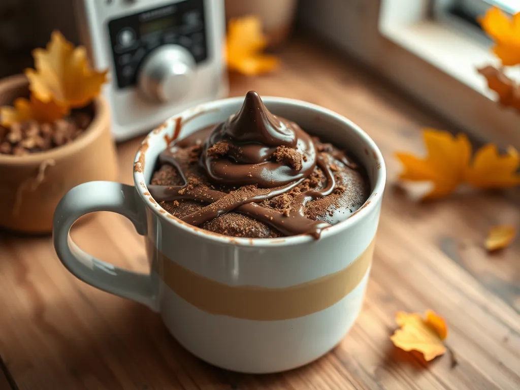 Delicious microwave dark chocolate mug cake topped with frosting