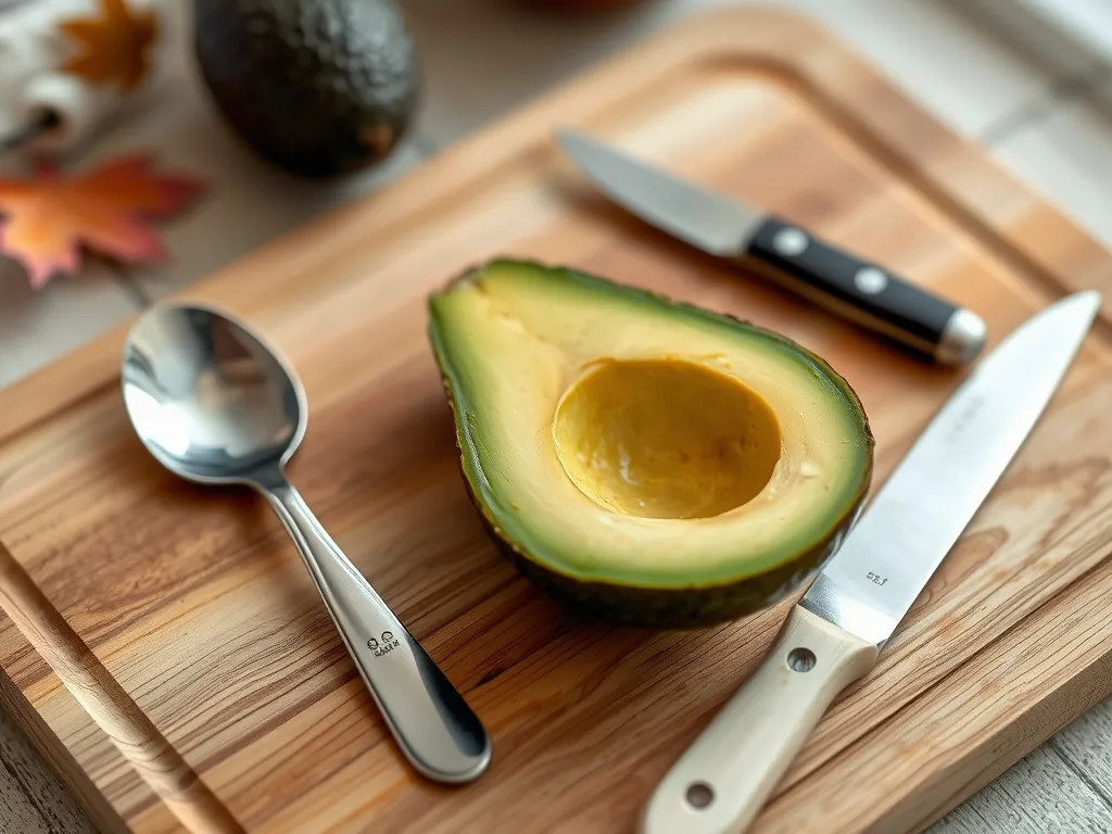 Cut avocado half with spoon and knife for easy dicing in microwave method