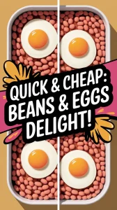 Delicious microwave eggs and canned beans on a plate.