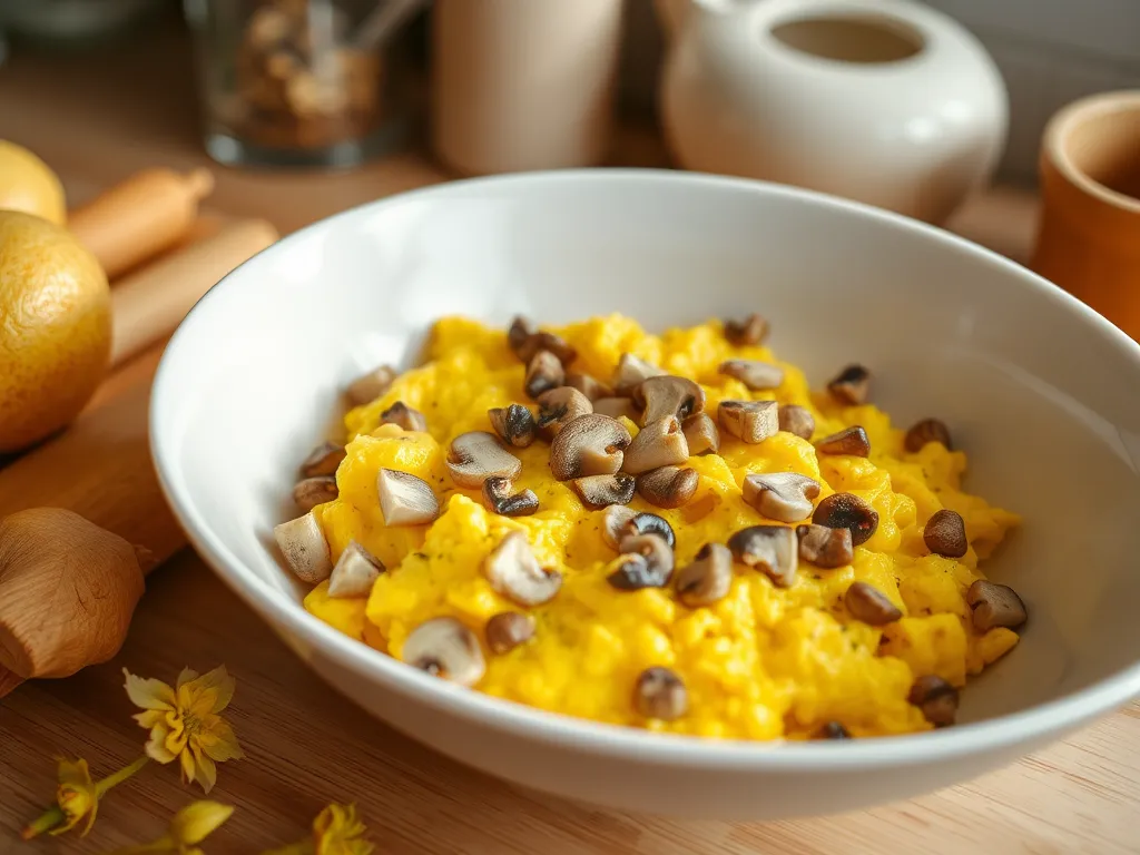 Bowl of scrambled eggs topped with canned diced mushrooms