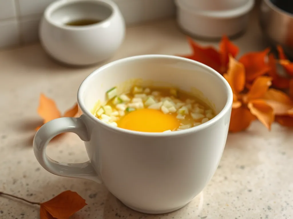 A cup of microwave egg dish with canned diced onions for a quick meal.