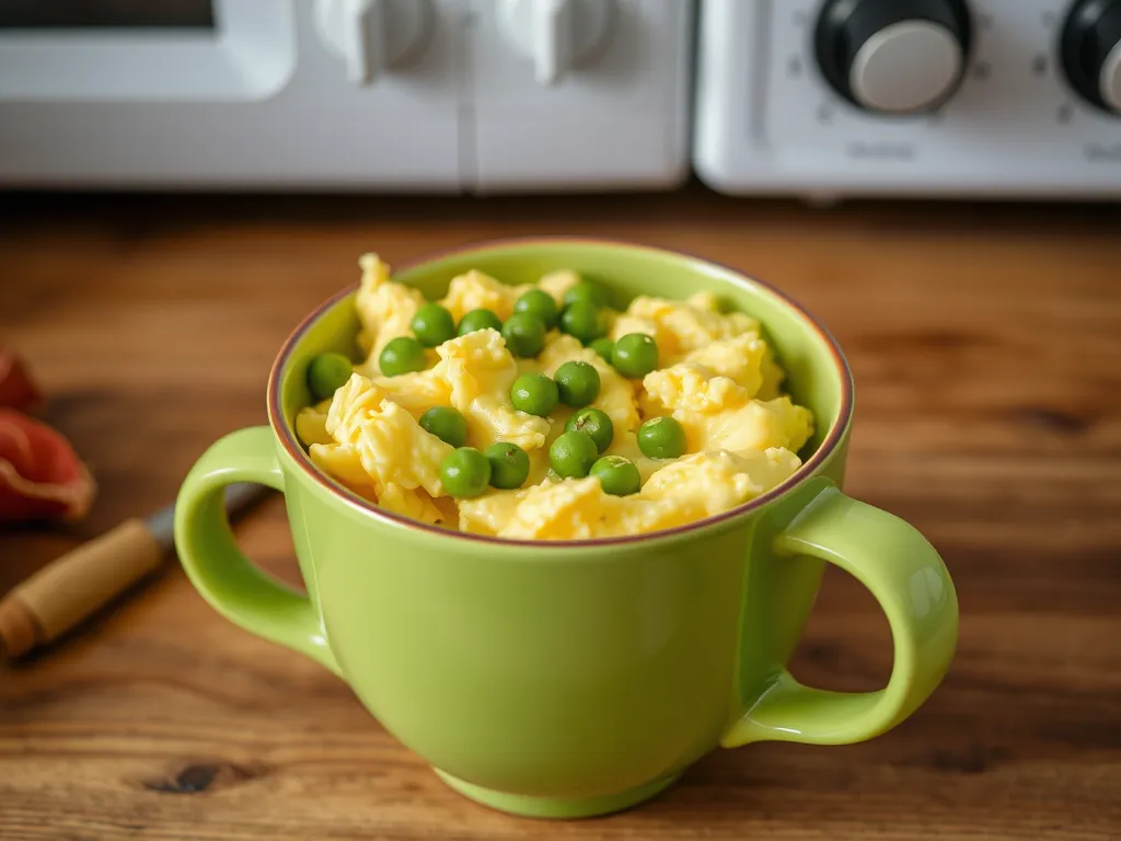 A bowl of scrambled eggs with canned peas on top, showcasing a cheap microwave meal.
