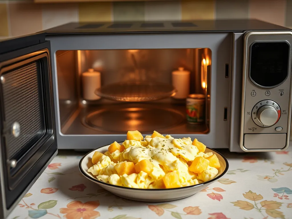 A plate of scrambled eggs topped with canned diced potatoes in front of a microwave.
