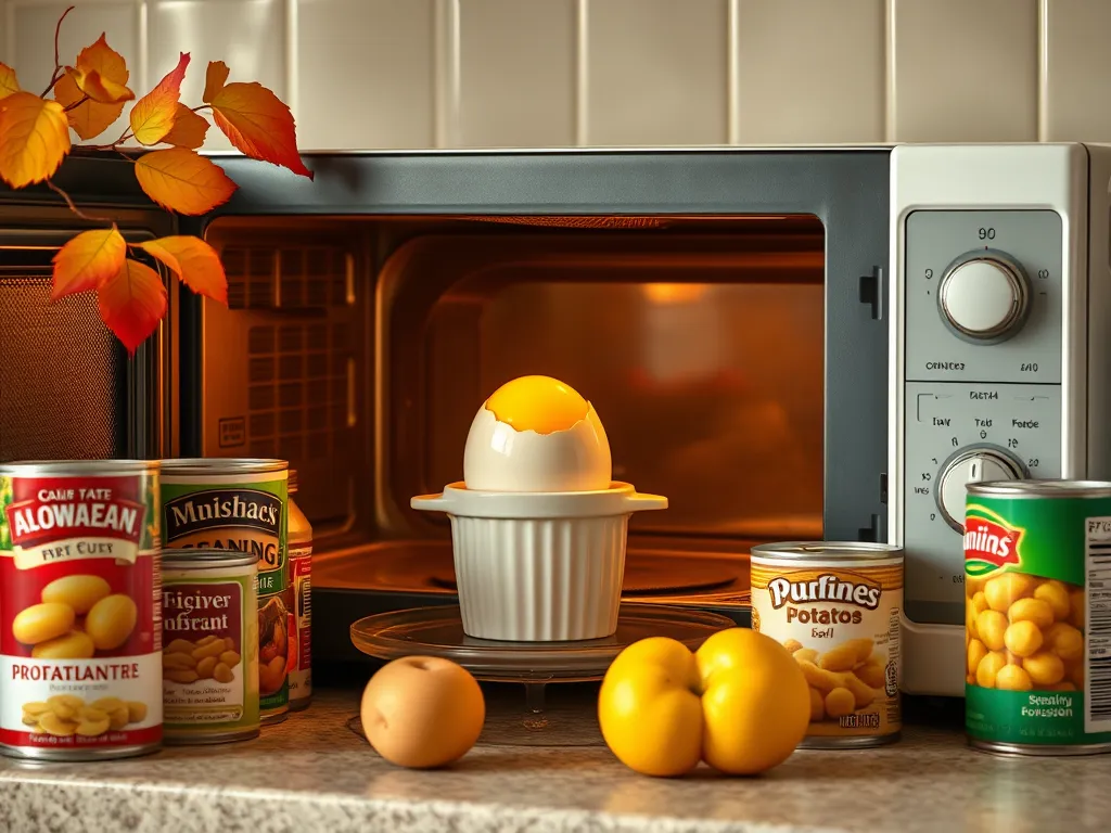 A microwave with an egg cooking and canned potatoes on the counter for a budget-friendly meal.