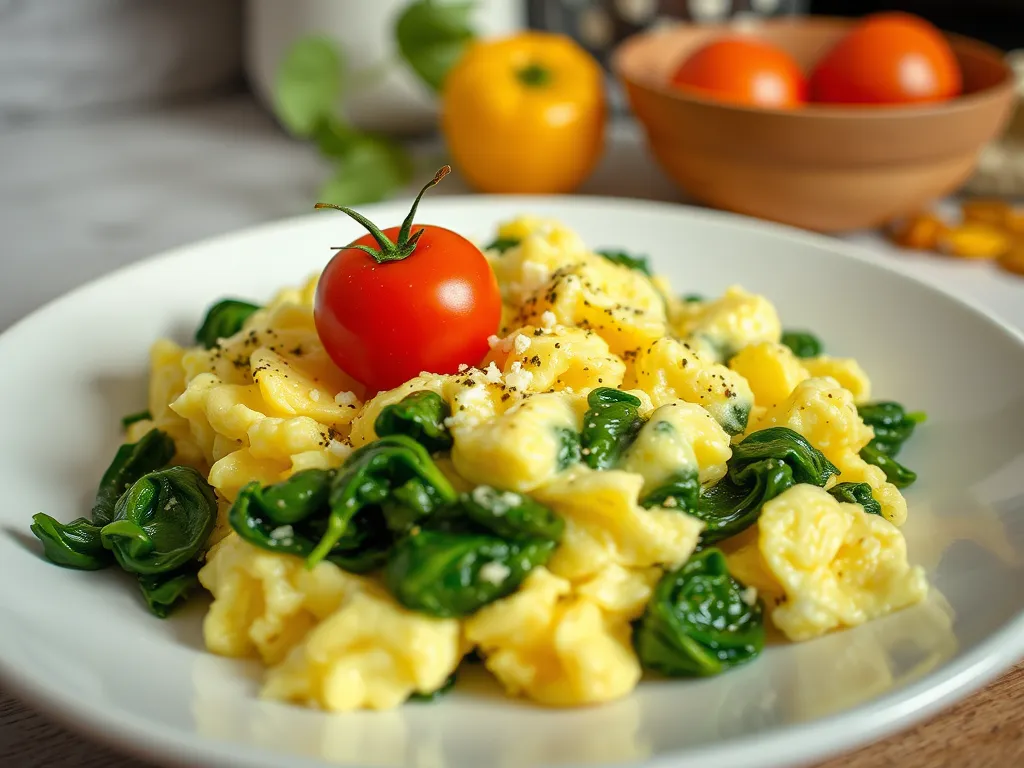 Microwave cooked eggs and canned spinach plated with fresh tomato, perfect for a quick meal