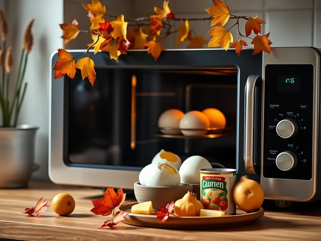 A microwave with eggs and canned diced turnips ready for cooking, perfect for a quick meal.
