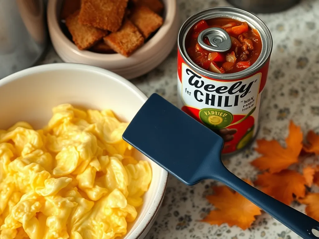Scrambled eggs in a bowl with a can of chili, showcasing a quick meal option.