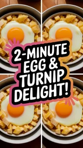 A delicious bowl of microwave egg and diced turnips ready to eat, perfect for a quick meal.