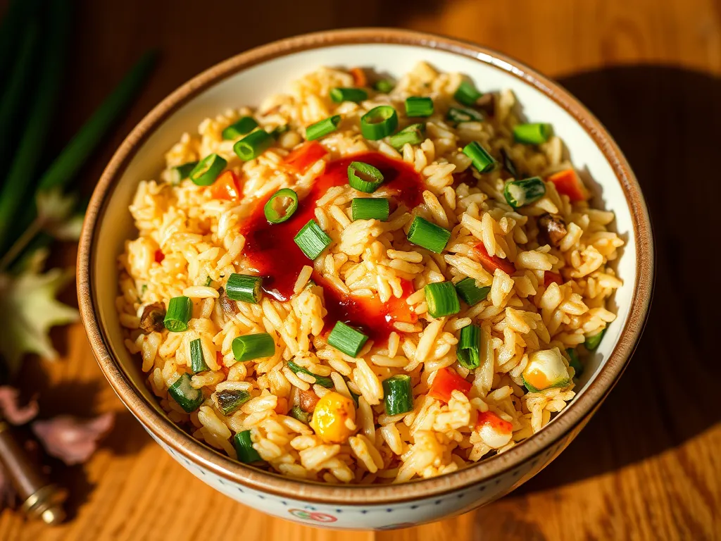 Delicious microwave egg fried rice bowl topped with green onions and sauce
