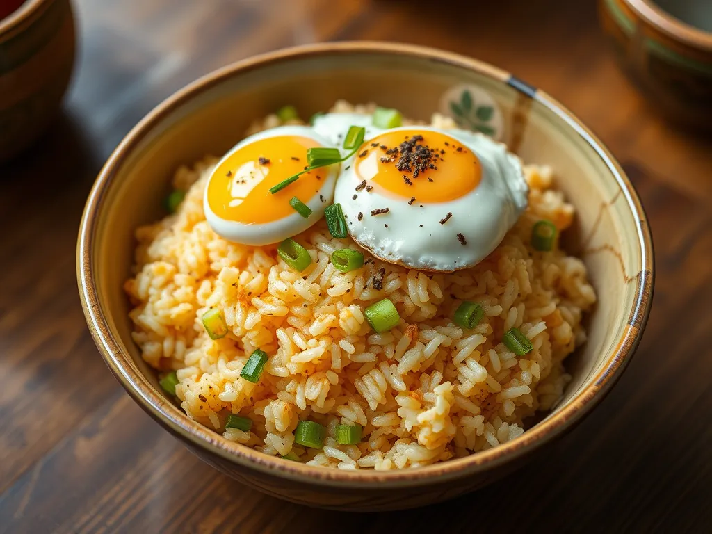 Delicious 2-Minute Microwave Egg Fried Rice topped with fried eggs and green onions