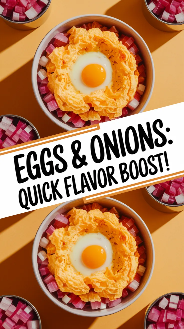 Delicious microwave scrambled eggs topped with canned diced onions for a quick meal.