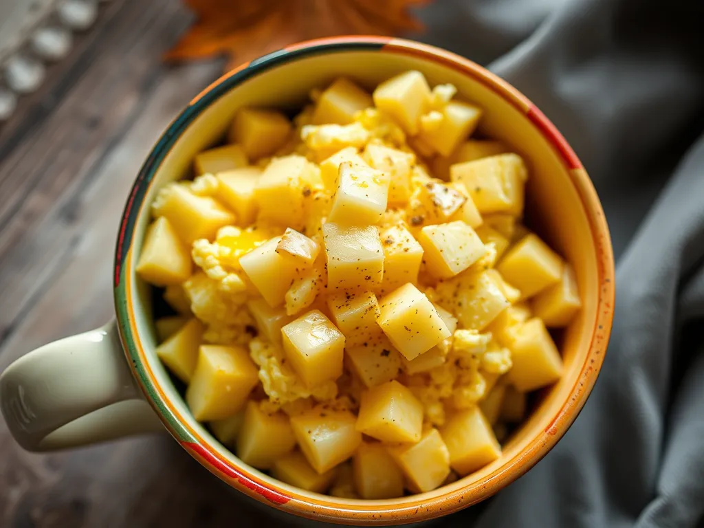 Bowl of microwave scrambled eggs topped with canned diced parsnips, showcasing a quick meal option.