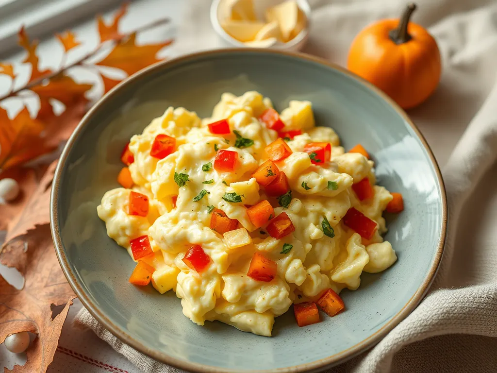 A plate of microwave scrambled eggs mixed with diced canned peppers, showcasing a colorful and healthy meal option.