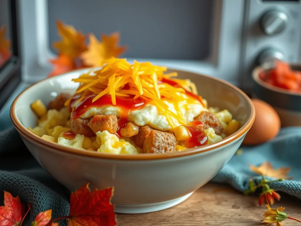 Delicious microwave egg and potato scramble topped with cheese and ketchup