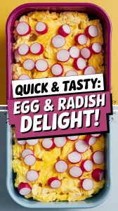 Delicious microwave egg dish topped with diced canned radishes.