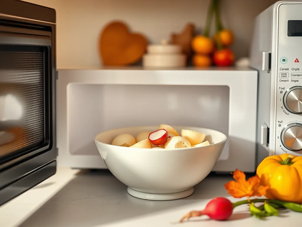 Bowl of eggs and diced radishes ready for microwave cooking