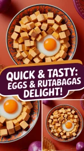 Delicious microwave egg served with canned diced rutabagas for a quick meal.