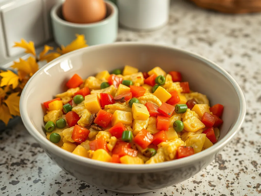 Bowl of microwave scrambled eggs with canned mixed vegetables including carrots, peas, and bell peppers