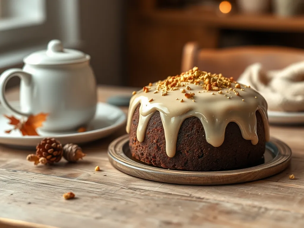 A moist and creamy microwave eggnog latte cake topped with a rich frosting and golden sprinkles.
