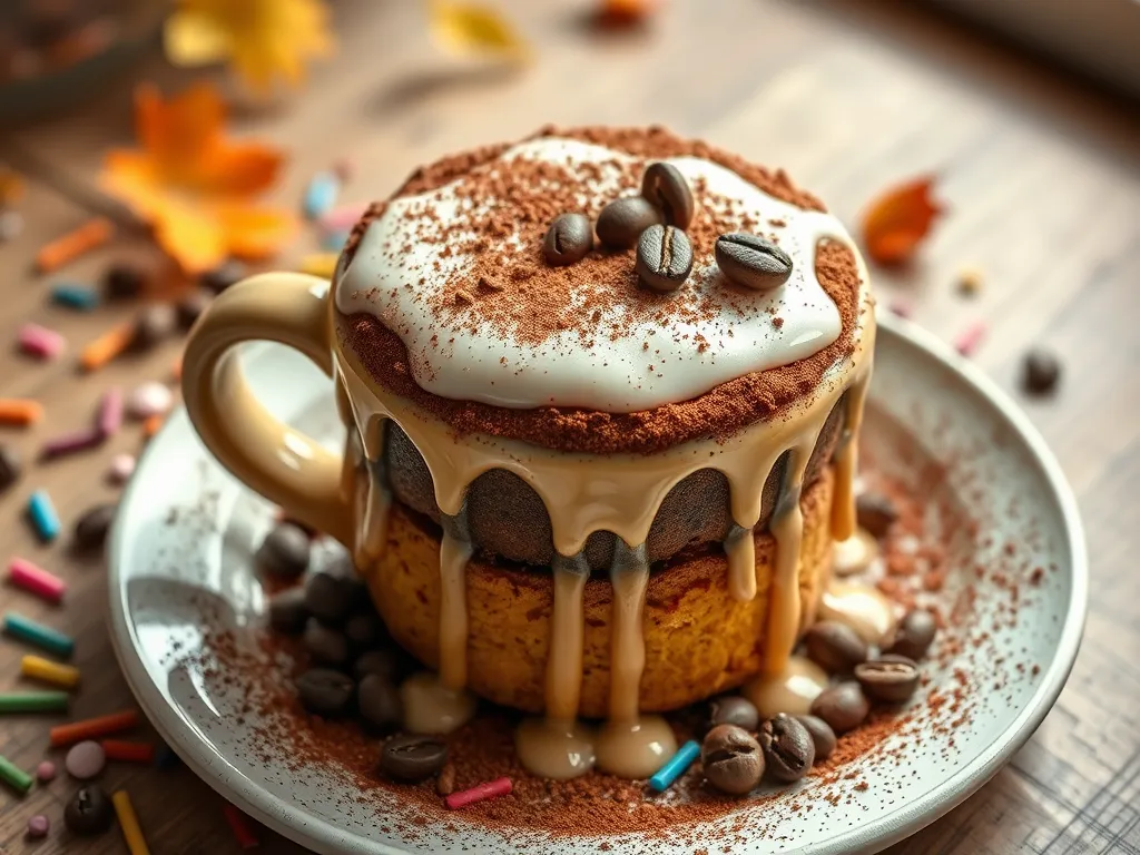 Delicious microwave espresso martini cake topped with cream, cocoa, and coffee beans.