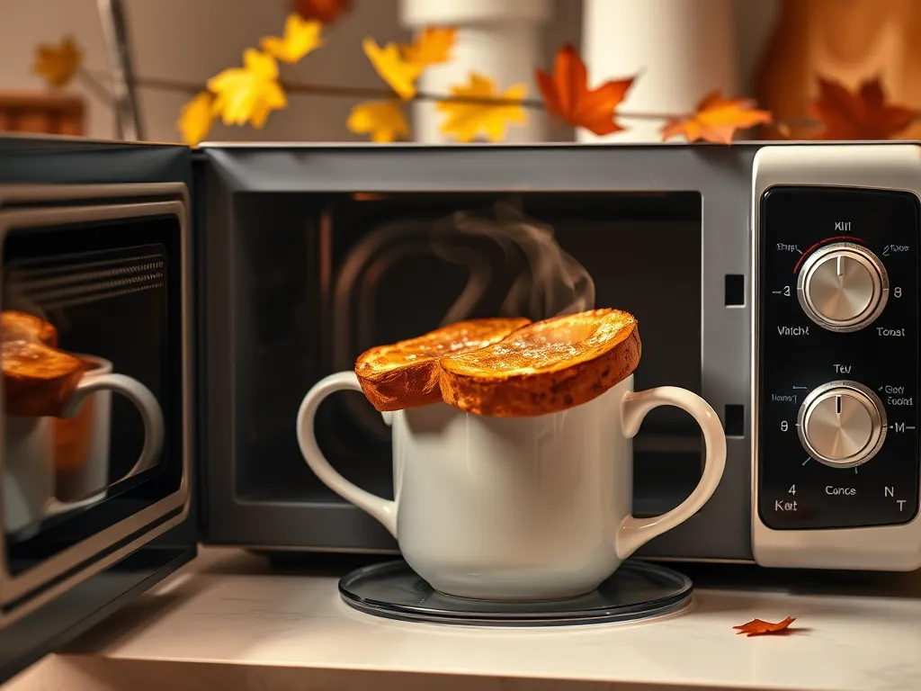 Delicious microwave French toast served in a mug with steam rising, perfect for quick breakfast.