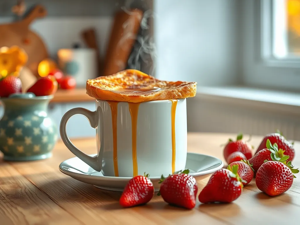 Mug of microwave French toast topped with dripping syrup and fresh strawberries