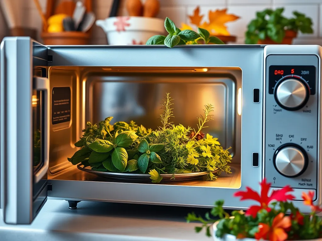 Fresh herbs being microwaved for quick crushed seasonings