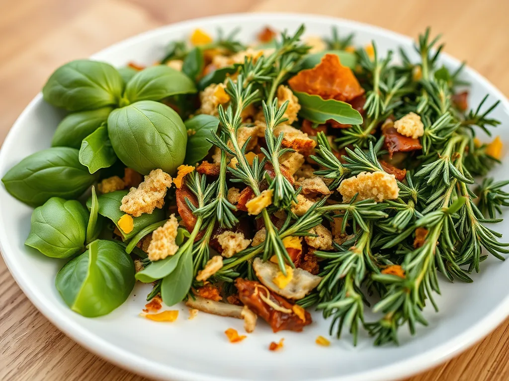 Plate of fresh basil and rosemary herbs ready for microwave preparation for seasoning.
