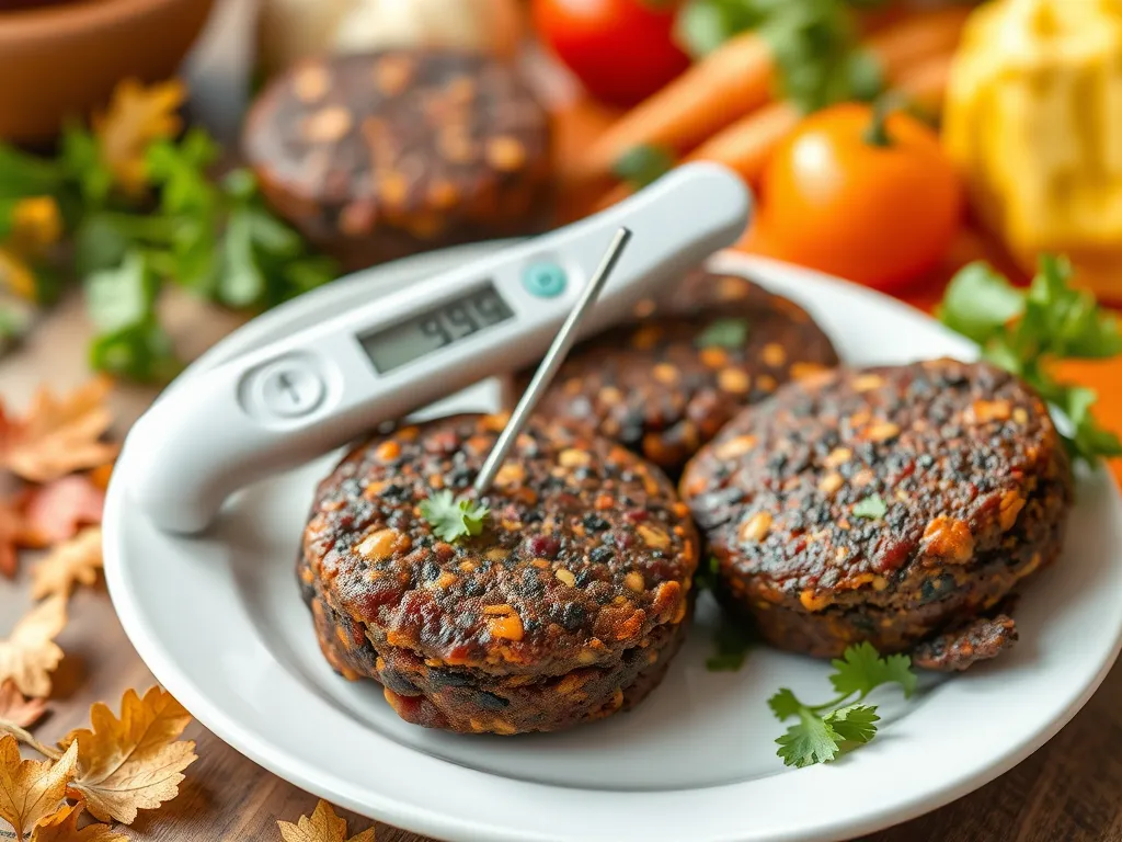 Frozen black bean burgers being microwaved with a thermometer.