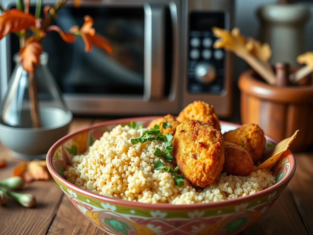 A bowl of fluffy instant couscous topped with golden frozen chicken nuggets, perfect for a quick meal.