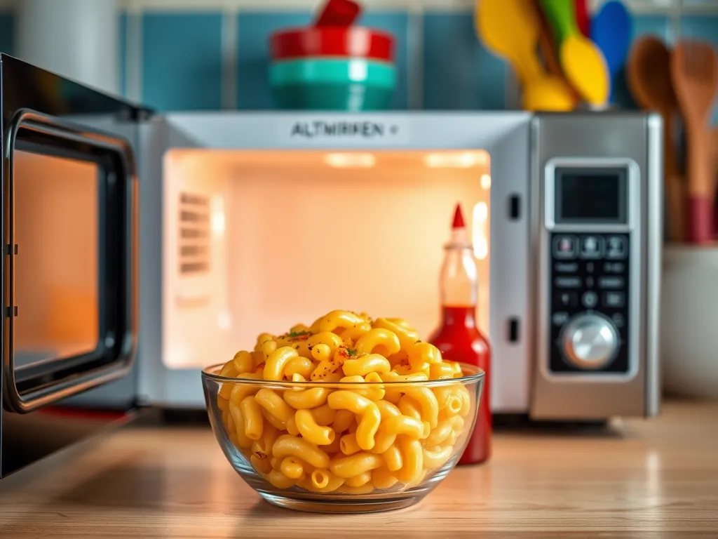 A bowl of macaroni cheese in front of a microwave, representing lazy meals like frozen chicken nuggets and instant quinoa flakes.