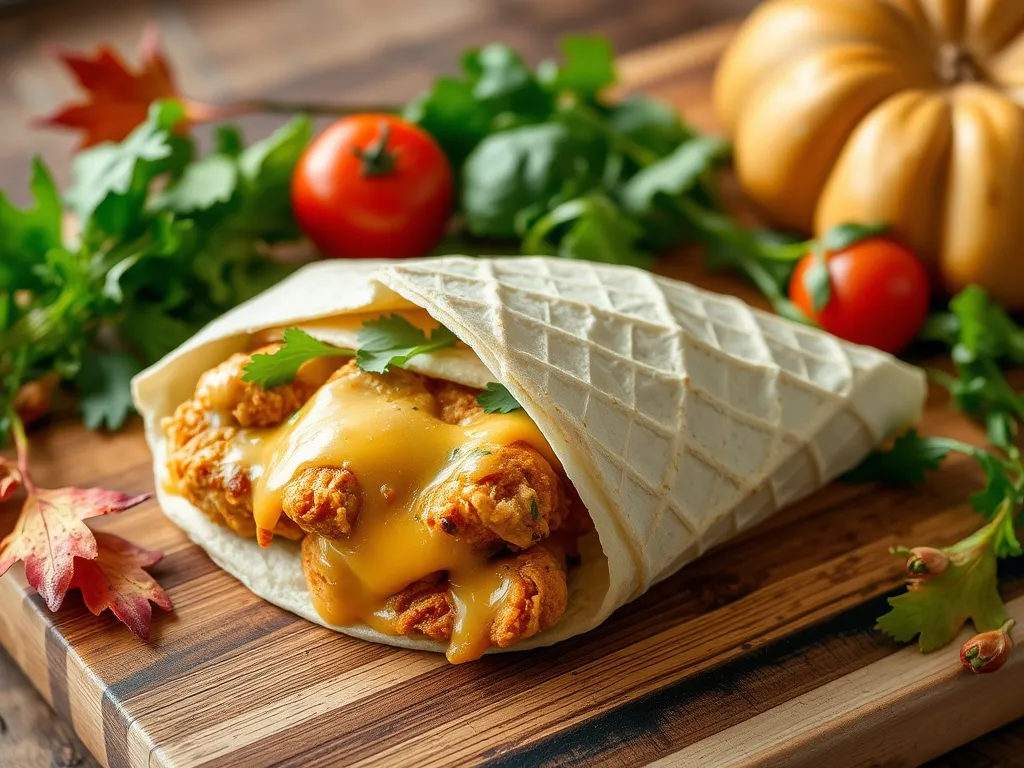Delicious lazy microwave frozen chicken tender wrap with cheese and fresh ingredients