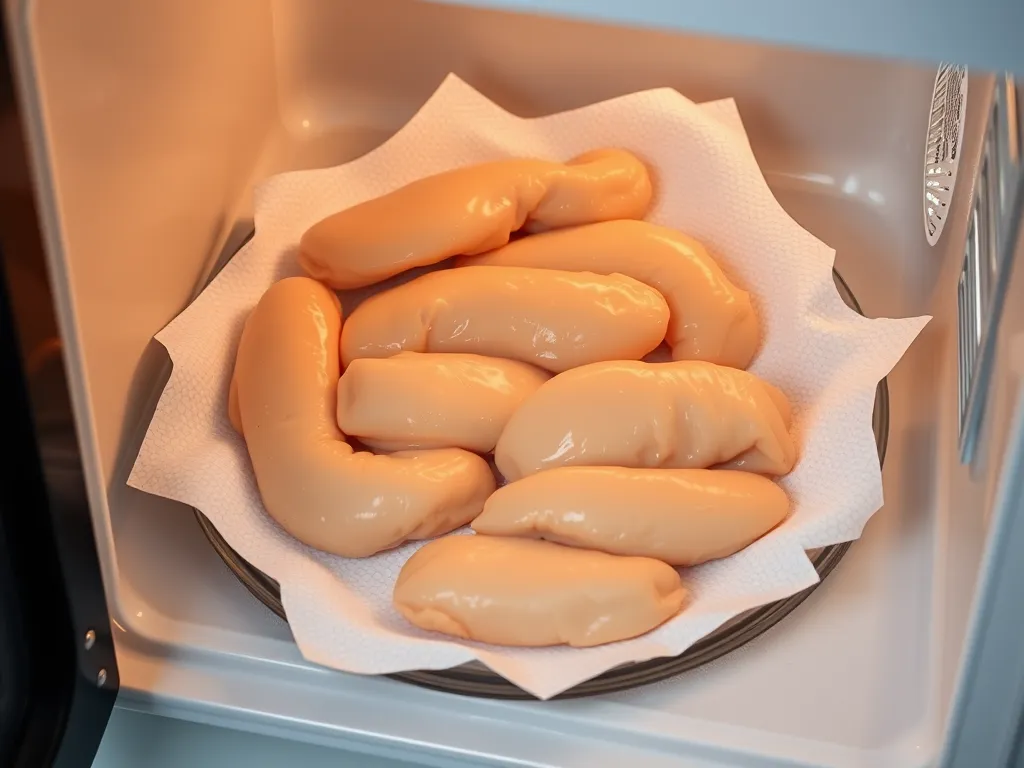 Frozen chicken tenders in microwave ready for cooking