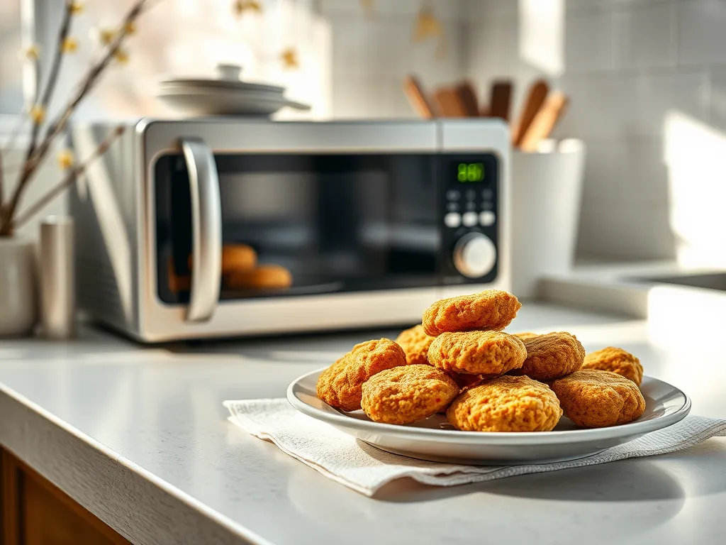 Plate of frozen chickenless nuggets ready to be microwaved.