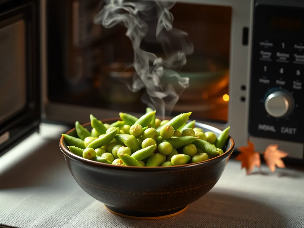 Bowl of steamed frozen edamame pods beside a microwave