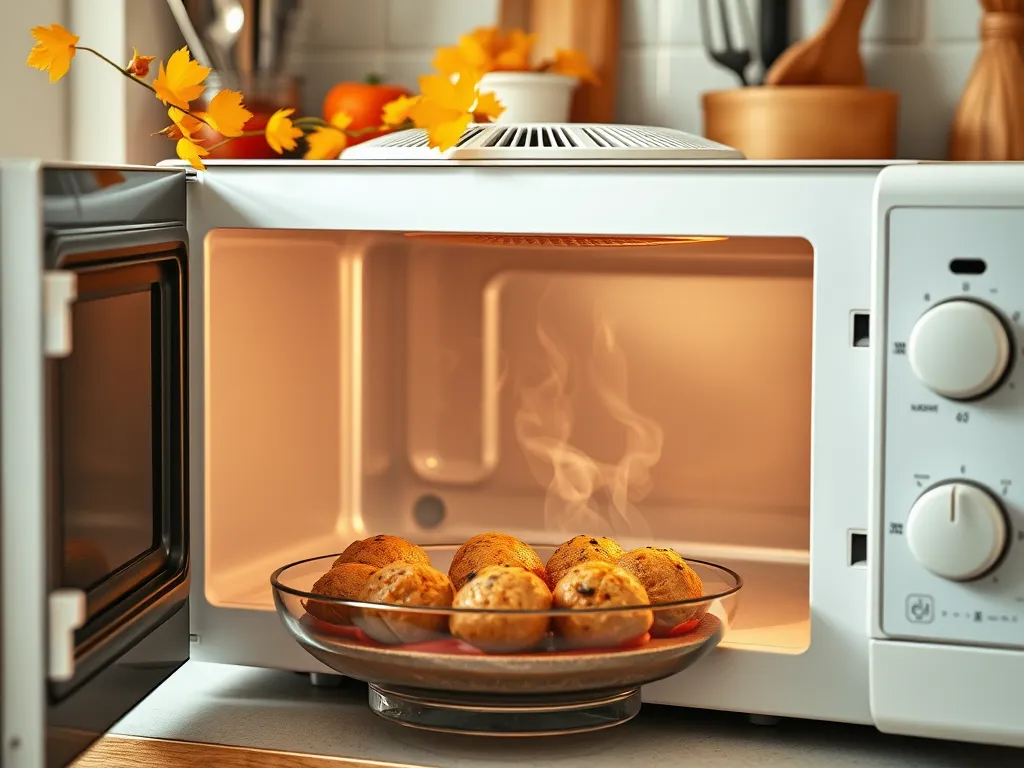 A microwave with frozen meatballs inside, perfect for quick last-minute dinners.